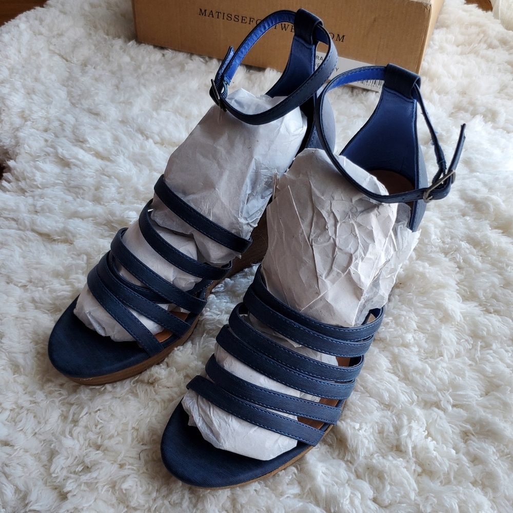 Anthropologie Navy Blue Strappy Leather Wedge Sandals - Picture 5 of 9